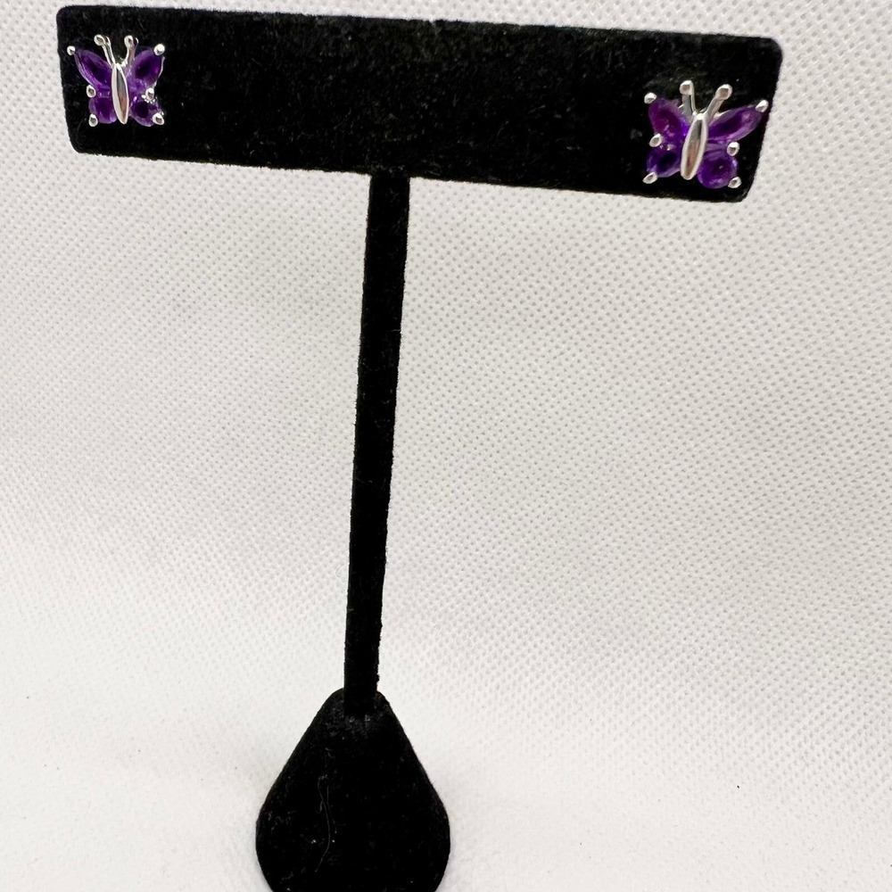 Crystal and sterling silver India 925 purple butterfly post earrings